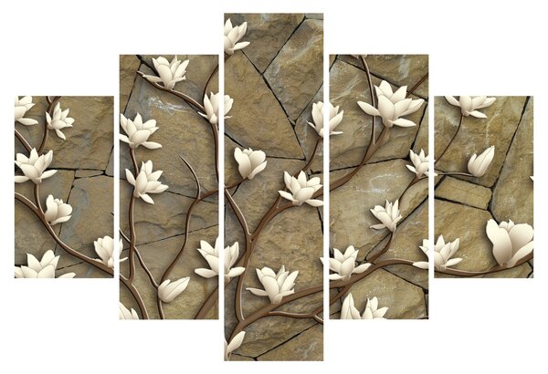Slika - Bele magnolije na kamnitem zidu (150x105 cm)