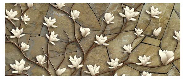 Slika - Bele magnolije na kamnitem zidu (120x50 cm)