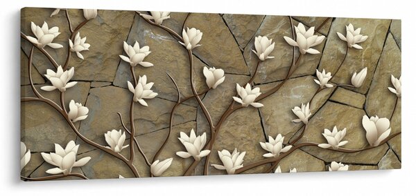 Slika - Bele magnolije na kamnitem zidu (120x50 cm)