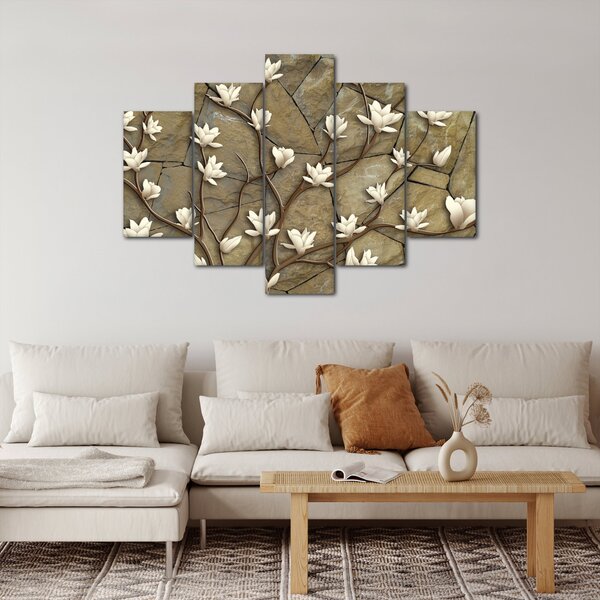 Slika - Bele magnolije na kamnitem zidu (150x105 cm)