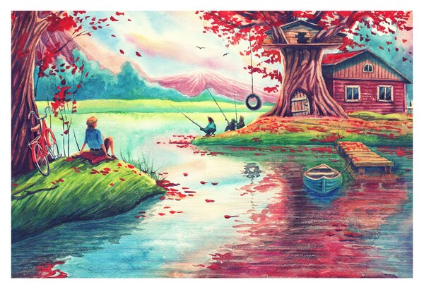 Slika - Akvarel, Zaliv v gorski vasi (90x60 cm)