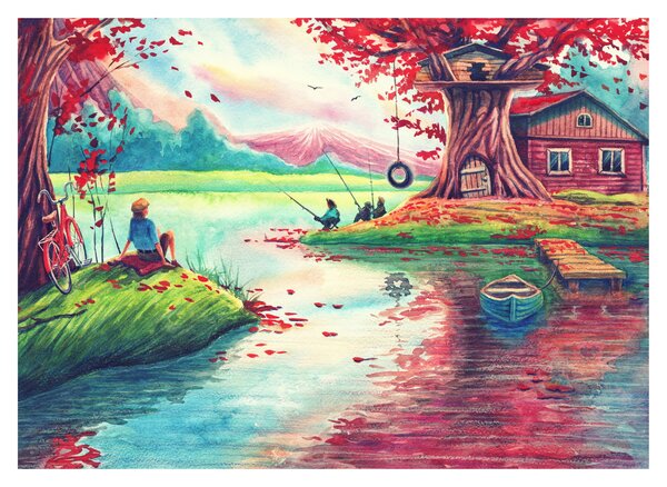 Slika - Akvarel, Zaliv v gorski vasi (70x50 cm)