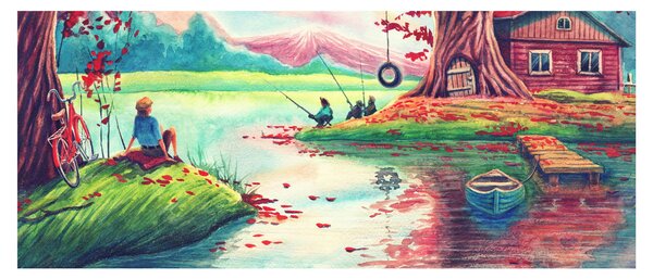 Slika - Akvarel, Zaliv v gorski vasi (120x50 cm)