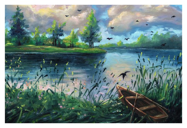 Slika - Oljna slika, Zgodnji poletni večer ob jezeru (90x60 cm)