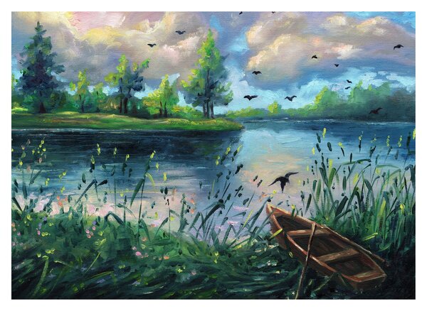 Slika - Oljna slika, Zgodnji poletni večer ob jezeru (70x50 cm)