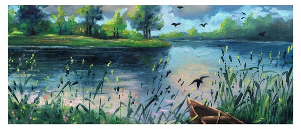 Slika - Oljna slika, Zgodnji poletni večer ob jezeru (120x50 cm)