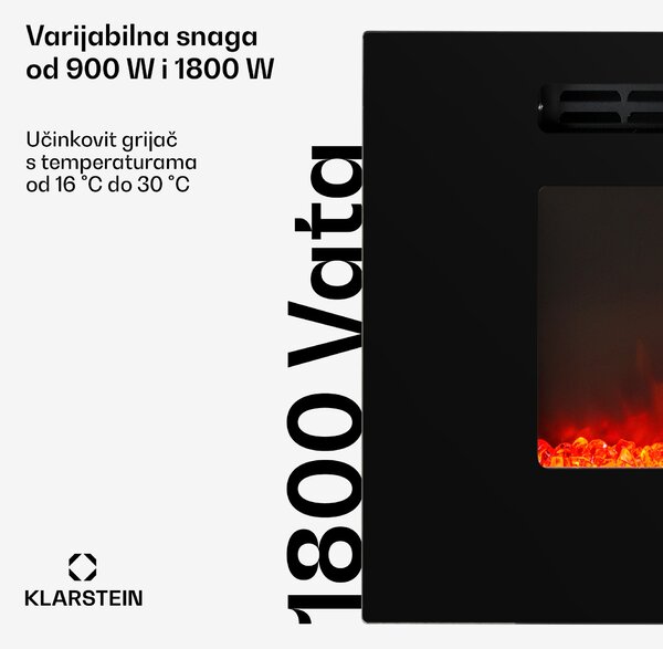 Klarstein Gratera, električni zidni i ugradbeni kamin, 1800 W, LED, 3 boje, timer