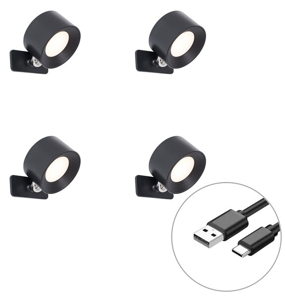 Set od 4 moderne crne zidne i stropne svjetiljke uklj. LED punjive - Bright