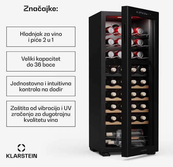 Klarstein Bovella 36 Duo+ hladnjak za vino, 2 u 1, 36 boca, 2 zone, 7 polica, Upravljanje dodirom