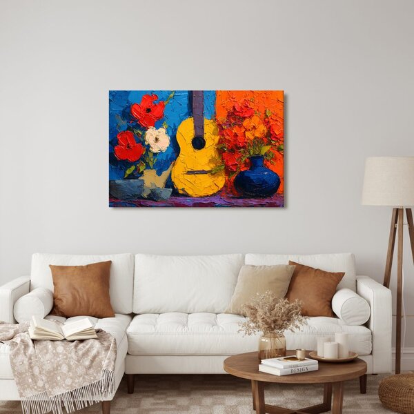 Slika gitara i vaza s cvijećem