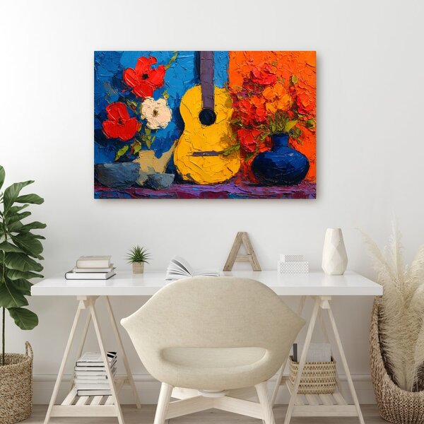 Slika gitara i vaza s cvijećem