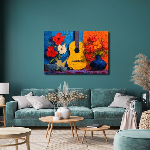 Slika gitara i vaza s cvijećem