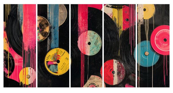 5-dijelna slika retro vinilne ploče