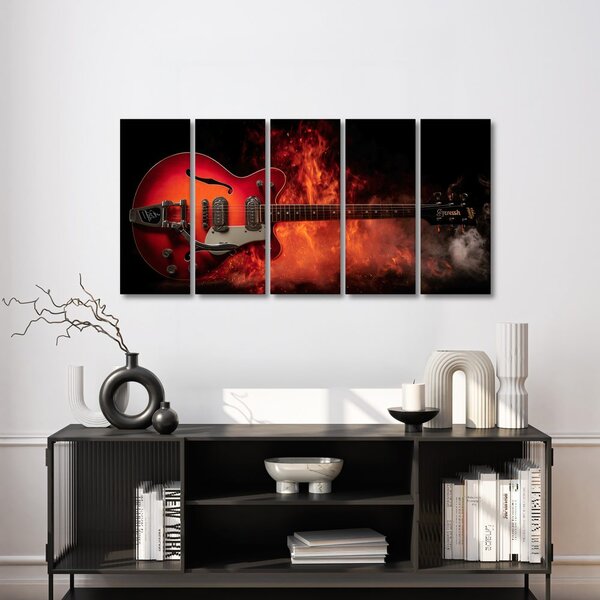 5-dijelna slika goruća gitara u plamenu
