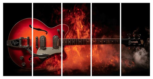 5-dijelna slika goruća gitara u plamenu