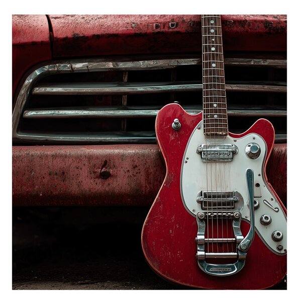 Slika crvena gitara ispred automobila