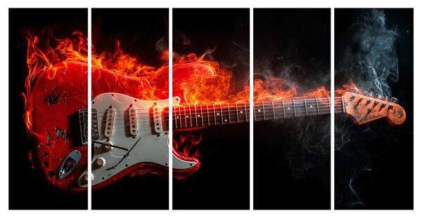 5-dijelna slika vatrena gitara u plamenu