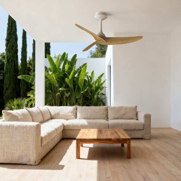 Mantra Iluminación Stropni ventilator Ipanema, bijela/drvo, DC, tih, daljinski upravljač, IP44, Bijela, Dnevni boravak/blagovaonica, Metal