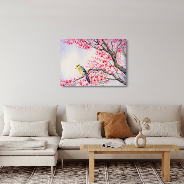 Staklena slika - Ptica na drevesu z rdečimi cvetovi (70x50 cm)