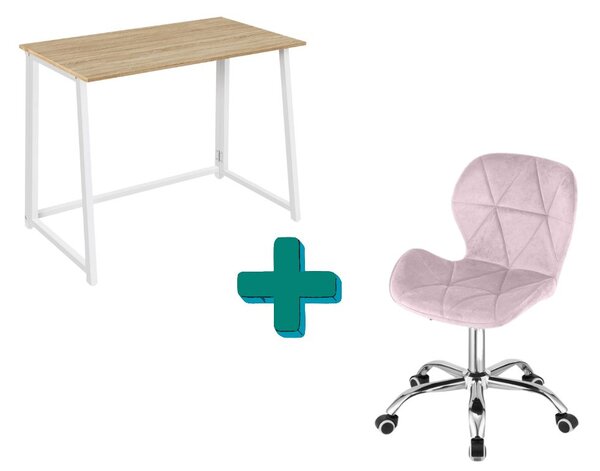 Set za ured – sklopivi radni stol ZARIMO 80×40 cm bijeli + uredska stolica AVOLA VELVET ružičasta