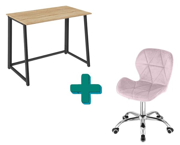 Set za ured – sklopivi radni stol ZARIMO 80×40 cm hrast sonoma + uredska stolica AVOLA VELVET ružičasta