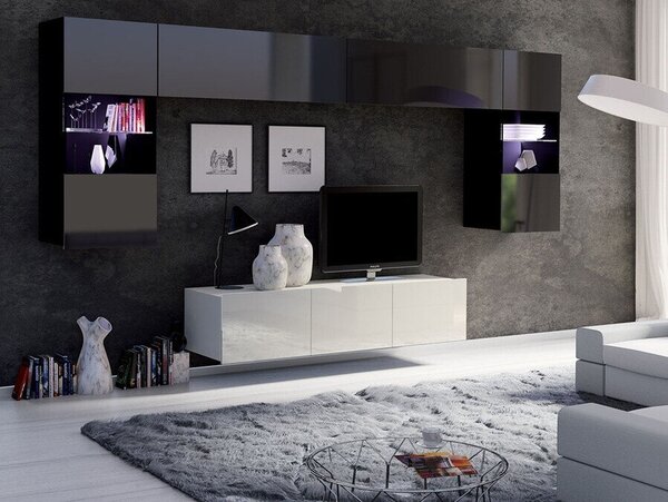 Set za dnevni boravak Providence B106Sjajno crna, Sjajno bijela, Sa TV stolom, S dodatnom opremom, Odvojeni dijelovi, Laminirani iveral, 300x43cm