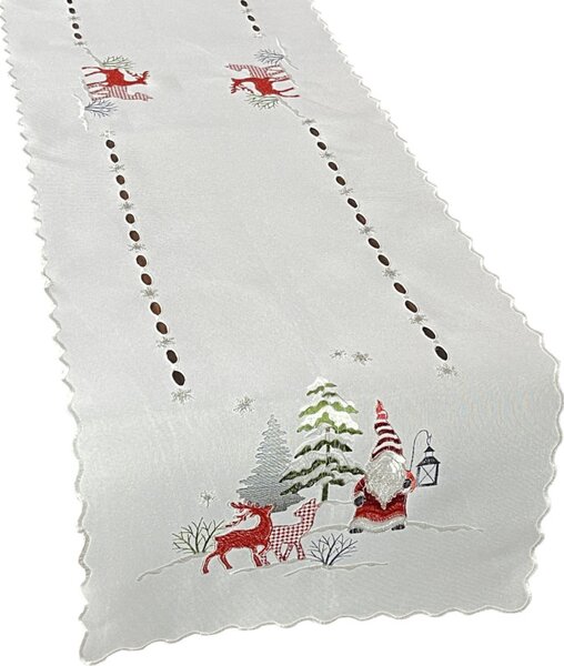 Božićna bijela štola s vezom vilenjaka i sobova Širina: 40 cm | Duljina: 160 cm