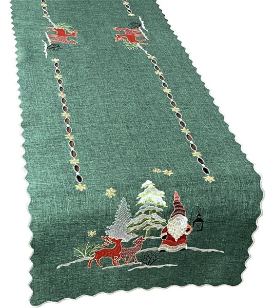 Božićni zeleni štola s vezom vilenjaka i sobova Širina: 40 cm | Duljina: 160 cm