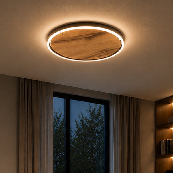 Elobra LED stropna svjetiljka Havana M, hrastov čvor/metal, Ø 57 cm, prigušiva, Drvo, Dnevni boravak/blagovaonica, Drvo