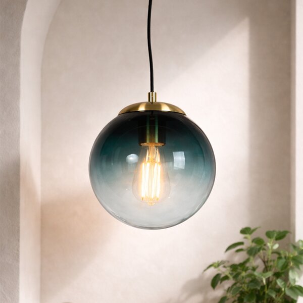 Art Deco viseća svjetiljka mesingana s ocean plavim staklom 20 cm - Pallon