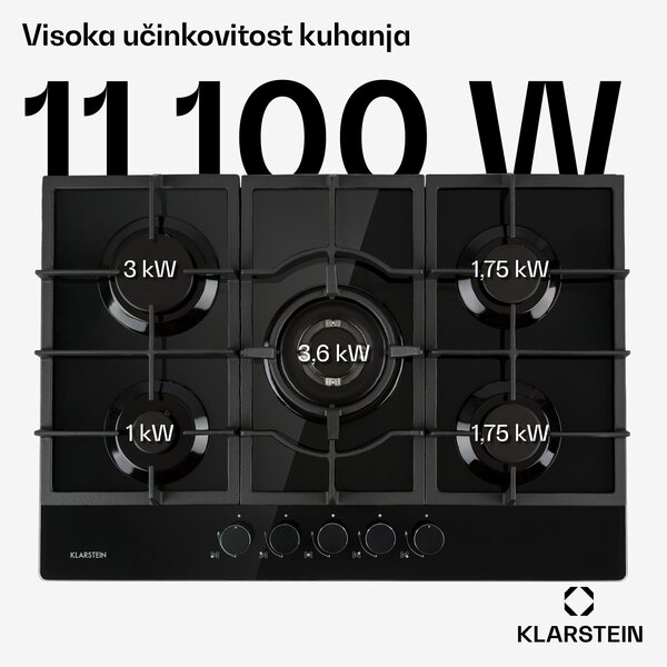 Klarstein Ignito 5, plinska ploča za kuhanje, 5 plamenika, sabaf plamenici, staklokeramika, crna