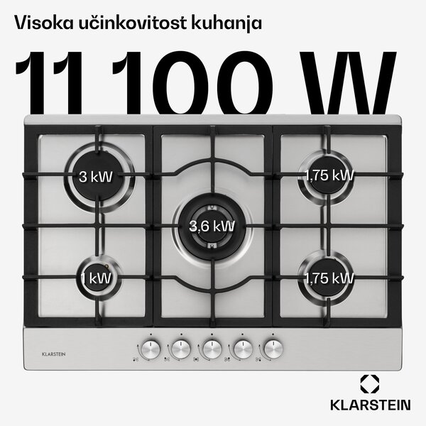 Klarstein Ignito 5 Zonen, plinska ploča za kuhanje, 5 Sabaf plamenika, nehrđajući čelik, srebrna