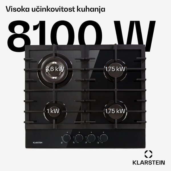 Klarstein Ignito 4, plinska ploča za kuhanje, 4 plamenika, sabaf plamenici, staklokeramika, crna