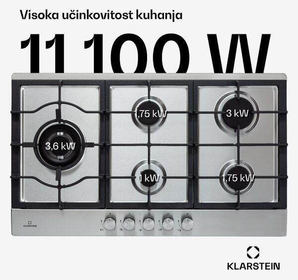 Klarstein Ignito Chef Edition, 5 zona, plinska ploča, 5 plamenika, Sabaf plamenici, keramička ploča