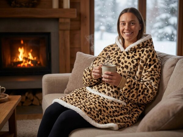 Topla deka s imitacijom ovčjeg krzna, s rukavima i kapuljačom LEOPARD, krem