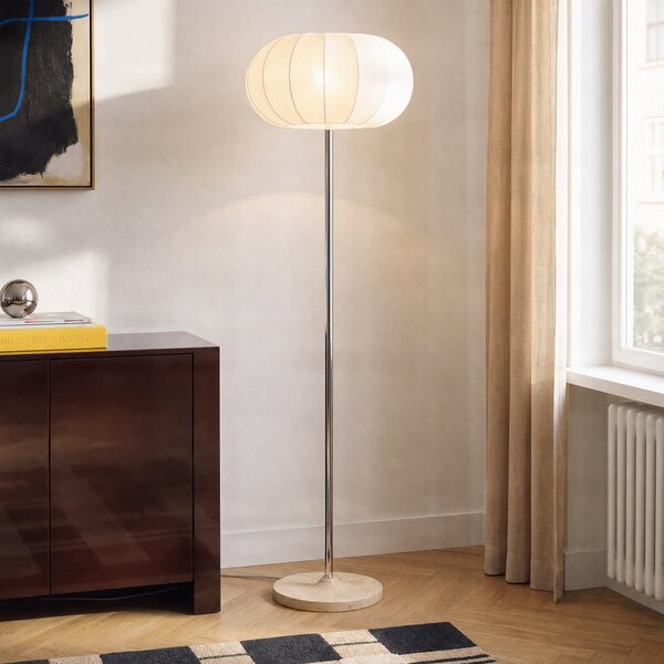 NOLA Podna svjetiljka Elovie, prirodna/krom, tkanina/travertin, 160 cm, Bijela, Dnevni boravak/blagovaonica, Tkanina / tekstil