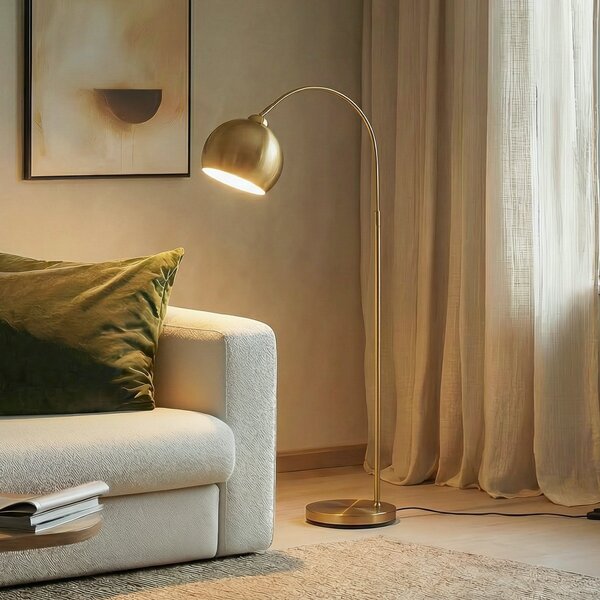 Lindby lučna podna lampa Moisia, boja mesinga, metal, 148 cm, Zlato / mjed, Dnevni boravak/blagovaonica, Metal