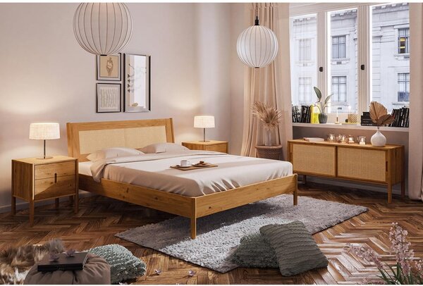 Bračni krevet od hrastovine s uzglavljem od ratana 160x200 cm Pola - The Beds