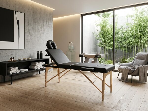 INLEA Spa Nest Pro sklopivi masažni stol, trodijelan, s drvenim nogama – crni
