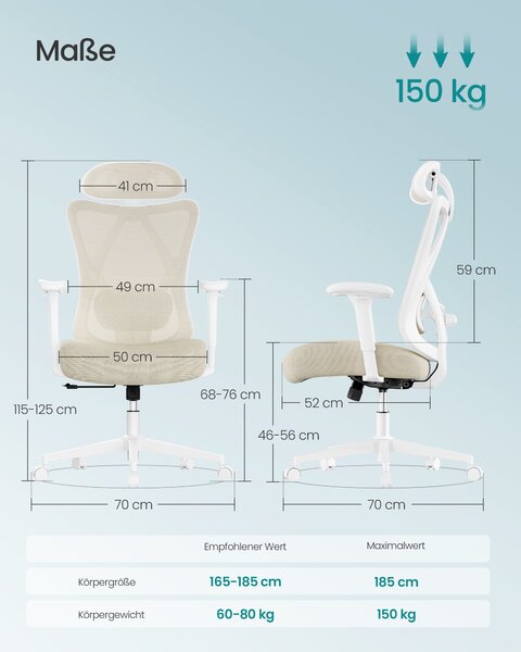 Ergonomska uredska stolica s mrežastim naslonom, 70 × 70 × (115–125) cm, bijelo-bež