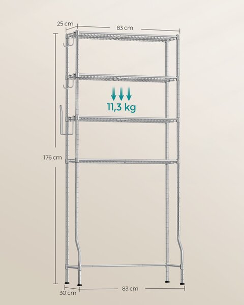 Polica s 4 nivoa za spremanje iznad WC-a, 30 x 83 x 176 cm, srebrno-siva | SONGMICS