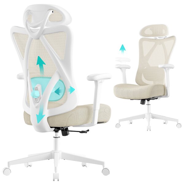 Ergonomska uredska stolica s mrežastim naslonom, 70 × 70 × (115–125) cm, bijelo-bež