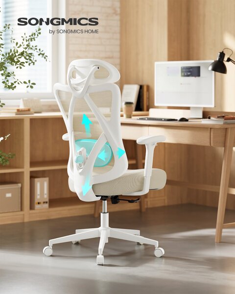 Ergonomska uredska stolica s mrežastim naslonom, 70 × 70 × (115–125) cm, bijelo-bež