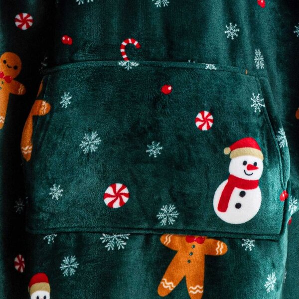 Topla deka s imitacijom ovčjeg krzna, s rukavima i kapuljačom SNOWMAN AND GINGERBREAD, zelena
