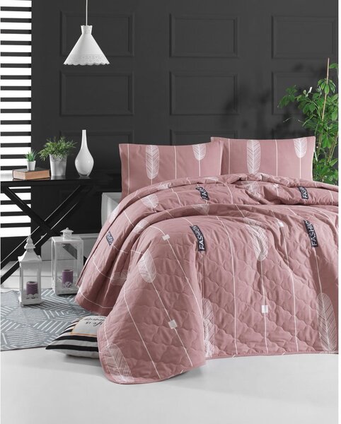 Ružičasti prekrivač s jastučnicom od ranforce pamuka EnLora Home Modena, 180 x 225 cm