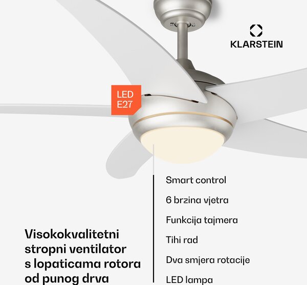 Klarstein Bolero 2 u 1 Smart, stropni ventilator, Ø 132 cm, svjetlo 55 W, daljinski upravljač, upravljanje putem aplikacije, 2 smjera strujanja zraka