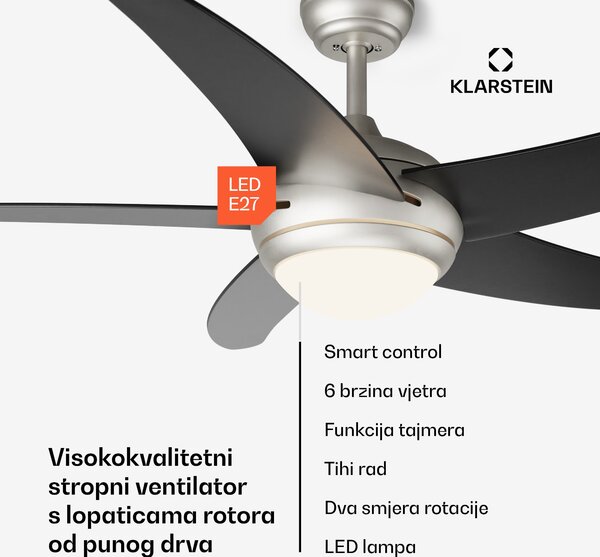 Klarstein Bolero 2 u 1 Smart, stropni ventilator, Ø 132 cm, svjetlo 55 W, daljinski upravljač, upravljanje putem aplikacije, 2 smjera strujanja zraka