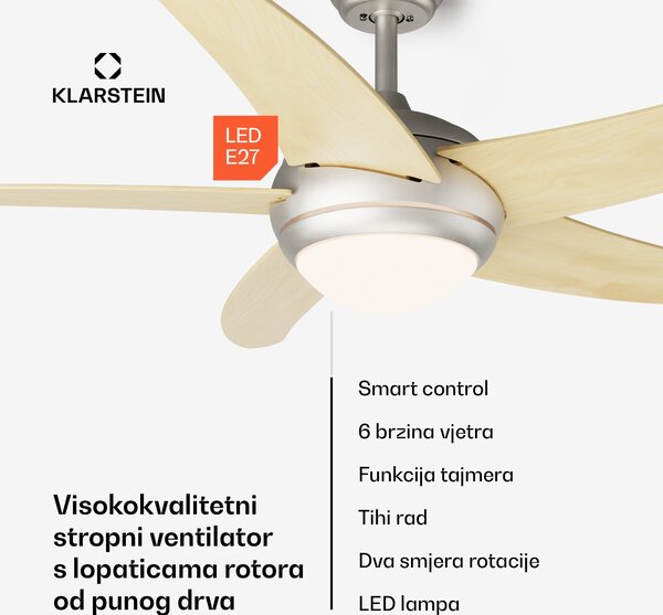 Klarstein Bolero 2 u 1 Smart, stropni ventilator, Ø 132 cm, svjetlo 55 W, daljinski upravljač, upravljanje putem aplikacije, 2 smjera strujanja zraka