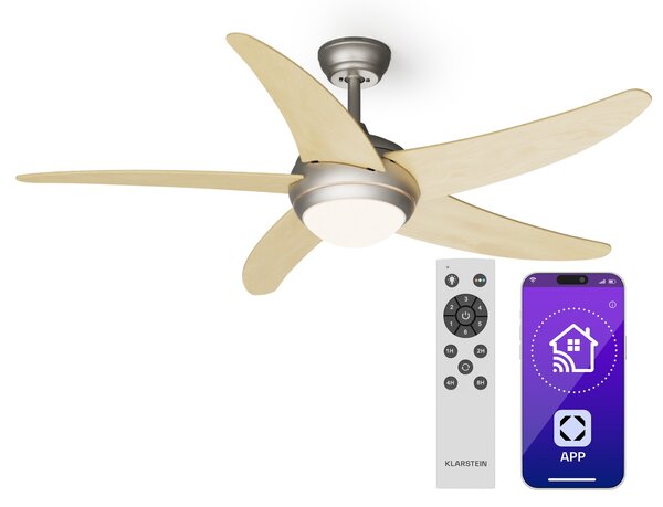 Klarstein Bolero 2 u 1 Smart, stropni ventilator, Ø 132 cm, svjetlo 55 W, daljinski upravljač, upravljanje putem aplikacije, 2 smjera strujanja zraka