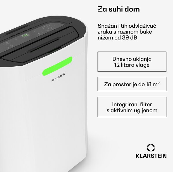 Klarstein AeroDry Smart 12 odvlaživač zraka, 12 L/dan, 30 m², senzor vlage, kontrola pomoću aplikacije, 135 m³/h